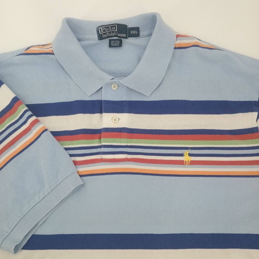 Polo Ralph Lauren Mens XXL Blue Multi Color Striped Short Sleeve Pique Polo